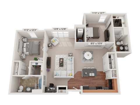 Floor plan for 2 beds, 2 baths, 1233 sqft